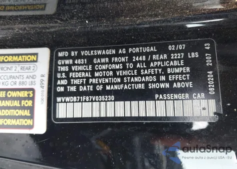 2007 Volkswagen Eos 3.2L z USA, uszkodzony, nr VIN WVWDB71F87V035230